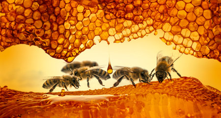 honey and bees close up in detailの写真素材