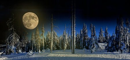 beautiful winter landscape with snow covered trees and dark sky with moonの写真素材