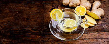 a glass cup of ginger tea on a wooden tableの写真素材