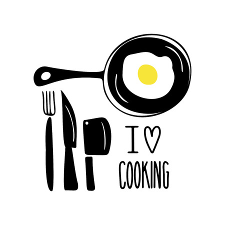Cooking hand drawn vector illustration. I love cooking lettering.Frying pan with fried eggs, fork and knives. Cooking conceptのイラスト素材