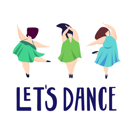 Hand drawn vector beautiful illustration. Let's dance lettering. Beautiful and happy fat women gracefully dancing in a bright dress. Design of flyers, posters and invitationsのイラスト素材