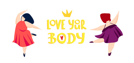 Hand drawn vector beautiful illustration. Love your body lettering. Beautiful and happy fat women gracefully dancing in a bright dress. Design of flyers, posters and invitationsのイラスト素材