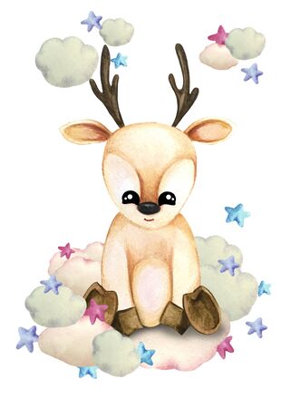 Watercolor illustration of a cute fawn on a cloud surrounded by stars. Print for greeting cards, invitations, children's textiles and posters.の写真素材