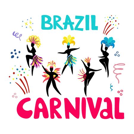 Hand drawn lettering Brazil Carnival. Black silhouettes of dancing women in carnival costumes. Salute and decorative elements in doodle style. Carnival concept for flyers, posters, advertising, t-shirt design.のイラスト素材