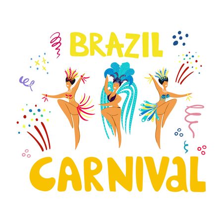 Hand drawn lettering Brazil Carnival. Women dance in colorful carnival costumes. Salute and decorative elements in doodle style. Carnival concept for flyers, posters, advertising, t-shirt design.のイラスト素材