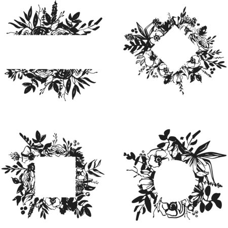 Vector black and white floral frame with white background. Hand-drawn in ink. Design wedding invitation, envelopes, greeting card template.のイラスト素材
