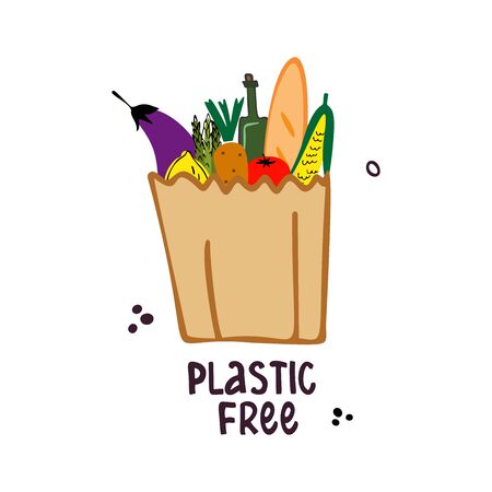 Hand drawn environmental protection concept from plastic pollution. Plastic free lettering. Hand-drawn eco shopping bag with products from the store. Motivational poster, banner and flyer.のイラスト素材
