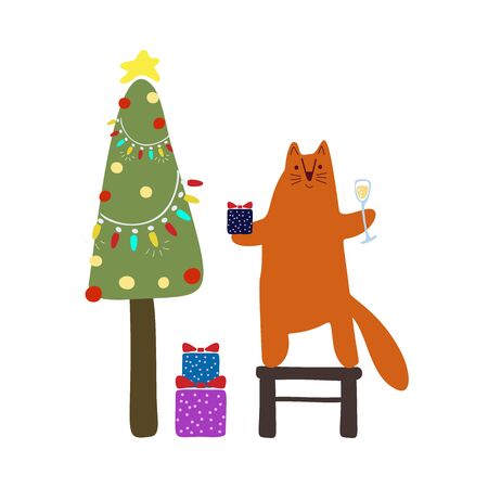 Funny cute vector illustration. A red cat stands near a New Year tree with champagne and gifts. Christmas and New Year celebration concept. New Year mood. Design for cards, banners, posters, textiles.のイラスト素材
