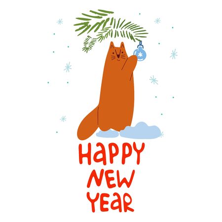 Funny cute new year vector illustration. A red cat will decorate the Christmas tree.Happy new year lettering. Christmas and New Year celebration concept. New Year mood. Design for cards, banners, posters, textiles.のイラスト素材