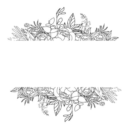 Elegant delicate floral frame. Black and white linear hand drawing. Decoration wedding invitation design, envelopes, greeting card template. Vector illustrationのイラスト素材