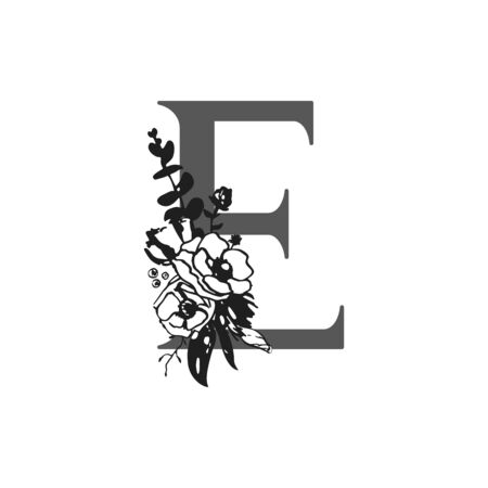 Vector flower alphabet. Design of letter E. Decoration of wedding invitations, cards, business cards of florists. Large delicate flowers in a ink styleのイラスト素材
