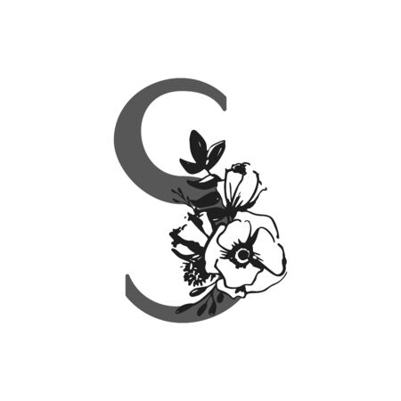 Vector flower alphabet. Design of letter S. Decoration of wedding invitations, cards, business cards of florists. Large delicate flowers in a ink styleのイラスト素材