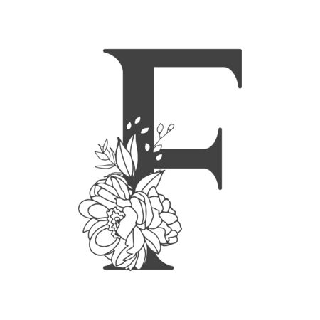 Vector flower alphabet. Floral design of letter F. Decoration of wedding invitations, cards, business cards of florists. Large delicate flowers in a line styleのイラスト素材