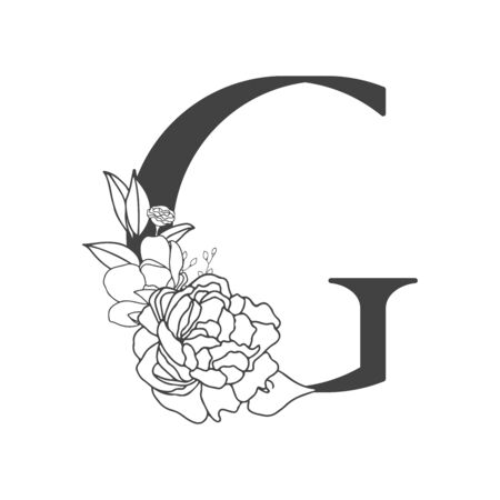 Vector flower alphabet. Floral design of letter G. Decoration of wedding invitations, cards, business cards of florists. Large delicate flowers in a line styleのイラスト素材
