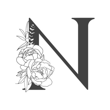 Vector flower alphabet. Floral design of letter N. Decoration of wedding invitations, cards, business cards of florists. Large delicate flowers in a line styleのイラスト素材