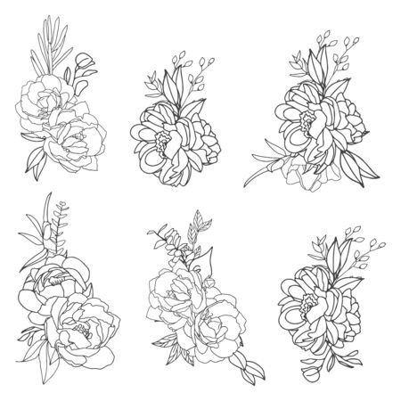 Set of elegant florals arrangements in black and white with white fill. Hand-drawn big flowers. Design wedding invitation, envelopes, greeting card template. Vector illustrationのイラスト素材