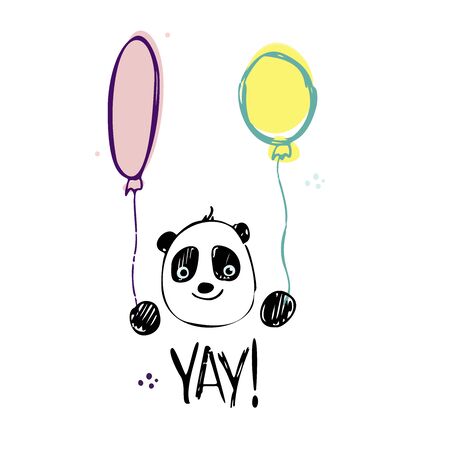 Funny cute vector hand-drawn illustration. The panda holds two balloons. Birthday celebration concept. YAY! lettering. Design for cards, banners, posters, textiles.のイラスト素材