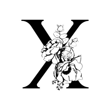 Vector flower alphabet. Floral design of letter X. Decoration of wedding invitations, cards, business cards of florists. Large delicate flowers in a line styleのイラスト素材