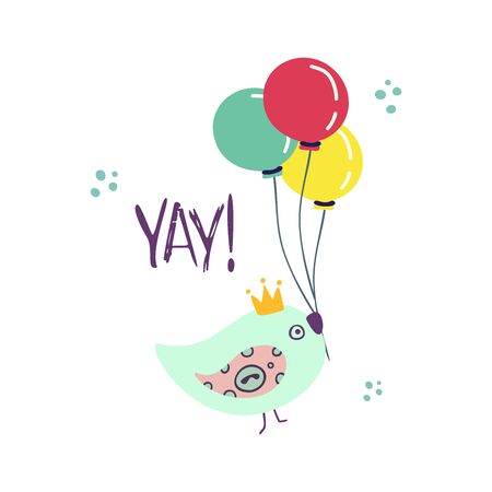 Funny cute vector hand-drawn illustration. The cian birth holds color balloons. Birthday celebration concept. YAY! lettering. Design for cards, banners, posters, textiles.のイラスト素材