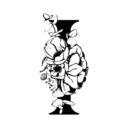 Vector flower alphabet. Floral design of letter I. Decoration of wedding invitations, cards, business cards of florists. Large delicate flowers in a line styleのイラスト素材