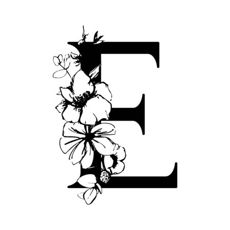Vector flower alphabet. Floral design of letter E. Decoration of wedding invitations, cards, business cards of florists. Large delicate flowers in a line styleのイラスト素材
