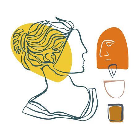 Vector abstract shapes hand-drawn. Antique sculpture head. Contemporary minimalist art, elements of linear art, stylish trend colors. Textile design, print for t-shirts, cards, postcards,coverのイラスト素材