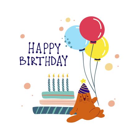 Funny cute vector illustration. A red cat sits near a huge cake with balloons. Birthday celebration concept. Happy birthday lettering.Festive mood. Design for cards, banners, posters, textiles.のイラスト素材