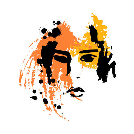 Print for t-shirt or poster. Vector illustration. abstracton Hand drawing a female face, brush strokes and paint splashes. Bright summer print. Vector 10 EPSのイラスト素材
