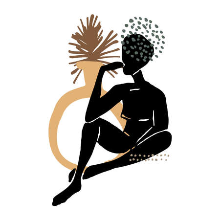Bohemian style design. Abstract feminine silhouette and boho decor elements. Contemporary art print. Design for T-shirts, posters, labels, media and social media covers. Vector illustrationのイラスト素材