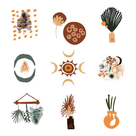 Bohemian design. Vector set of decorative elements in the boho style. Vases, plants, spots in warm shades. Contemporary art print. Design for T-shirts, posters, labels, media and social media covers.のイラスト素材