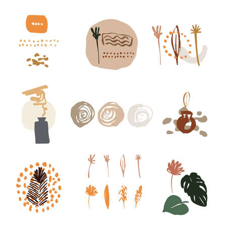 Bohemian design. Vector set of decorative elements in the boho style. Vases, plants, spots in warm shades. Contemporary art print. Design for T-shirts, posters, labels, media and social media covers.のイラスト素材