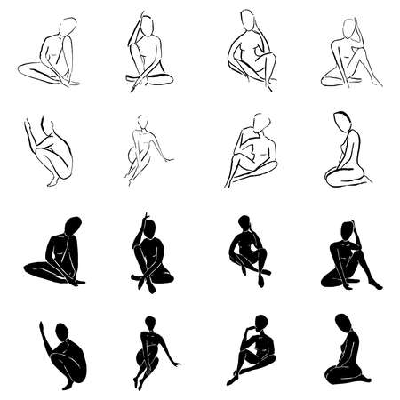 Vector collection of female silhouettes. Line art, black outline. Graceful poses. Female posing. Sitting position. Abstract image of a manのイラスト素材