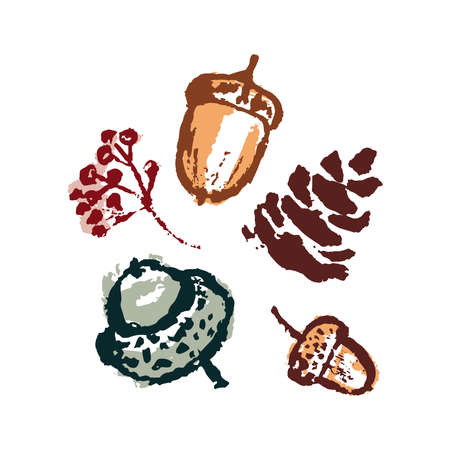 Hand drawing abstract elements of the autumn season. Warm colors, stylish compositions of leaves, mushrooms, cones, berries. Autumn mood, cozy autumn and minimal design. Vector illustrationのイラスト素材