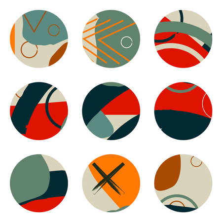 Set of various abstract highlight cover stories. Round icons for social media. Hand drawing of dots, lines, patterns, spots, geometric shapes and objects.のイラスト素材