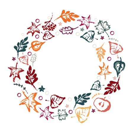 Hand drawing abstract elements of the autumn season. Warm colors, stylish compositions of leaves, mushrooms, cones, berries. Autumn mood, cozy autumn and minimal design. Vector illustrationのイラスト素材