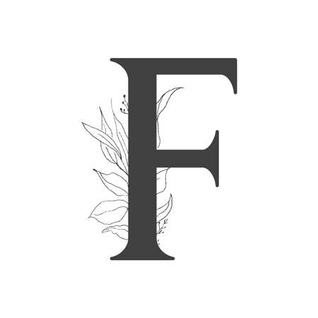 Vector flower alphabet. Design of letter F. Decoration of wedding invitations, cards, business cards of florists. Delicate twigs and leafs in a line art styleのイラスト素材