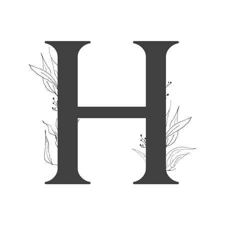Vector flower alphabet. Design of letter H. Decoration of wedding invitations, cards, business cards of florists. Delicate twigs and leafs in a line art styleのイラスト素材