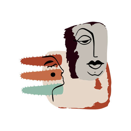 Abstract boho vector clipart. Hand drawn abstract shapes and face. Terracotta and natural colors. Minimal modern boho design for covers, flyers, banners, wall art, posters and printsのイラスト素材