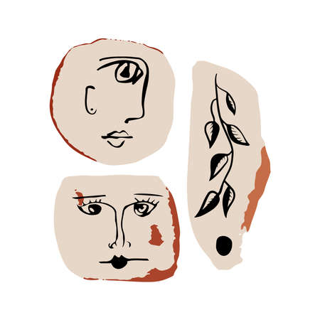 Abstract boho vector floral clipart. Hand drawn abstract shapes and face. Terracotta and natural colors. Minimal modern boho design for covers, flyers, banners, wall art, posters and printsのイラスト素材