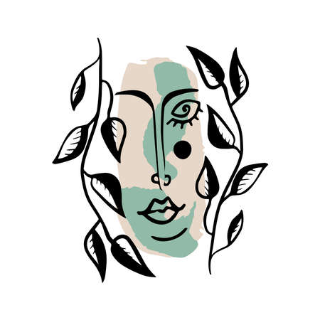 Abstract boho vector floral clipart. Hand drawn abstract shapes and face. Terracotta and natural colors. Minimal modern boho design for covers, flyers, banners, wall art, posters and printsのイラスト素材