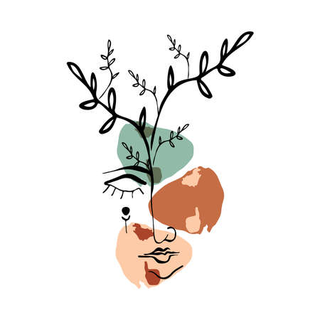 Abstract boho vector floral clipart. Hand drawn abstract shapes and face. Terracotta and natural colors. Minimal modern boho design for covers, flyers, banners, wall art, posters and printsのイラスト素材