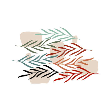 Botanical abstract vector clipart. Hand drawn foliage and plants in linear style, abstract shapes and figures. Terracotta and natural colors. Minimal boho design for covers, flyers, banners, wall art, posters and printsのイラスト素材