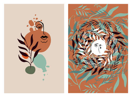 Abstract boho vector floral clipart. Hand drawn abstract shapes and face. Terracotta and natural colors. Minimal modern boho design for covers, flyers, banners, wall art, posters and printsのイラスト素材