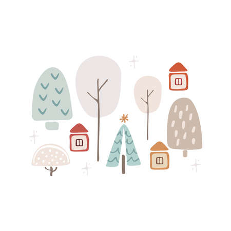 Boho winter holidays elements in hand drawn style. Christmas vector decoration. Scandinavian landscape, house, trees and Christmas trees. Greeting cards, posters, invitation design.のイラスト素材