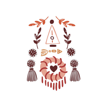 Boho winter holidays elements in hand drawn style. Christmas vector decoration. Scandinavian print with christmas boho decoration elements in retro color. Greeting cards, posters, invitation and baby print designのイラスト素材