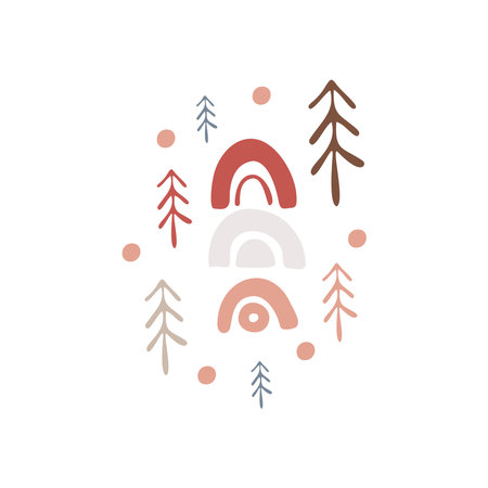 Boho winter holidays elements in hand drawn style. Christmas vector decoration. Scandinavian Christmas landscape, christmas trees and rainbows in retro colors. Greeting cards, posters, invitation and baby print designのイラスト素材