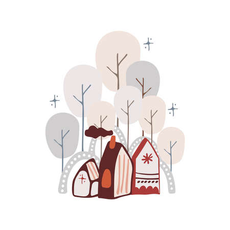 Boho winter holidays elements in hand drawn style. Christmas vector decoration. Scandinavian landscape, house, trees and rainbows. Greeting cards, posters, invitation design.のイラスト素材