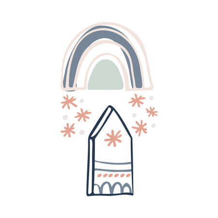 Boho winter holidays elements in hand drawn style. Christmas vector decoration. Scandinavian landscape, houses, snow, trees and rainbow. Greeting cards, posters, invitation design.のイラスト素材