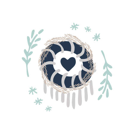 Boho winter holidays elements in hand drawn style. Christmas vector decoration. Scandinavian print with christmas boho decoration elements in retro color. Greeting cards, posters, invitation and baby print designのイラスト素材