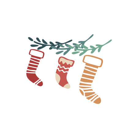 Boho winter holidays elements in hand drawn style. Christmas vector decoration. Scandinavian Christmas print with christmas socks in retro color. Greeting cards, posters, invitation and baby print designのイラスト素材